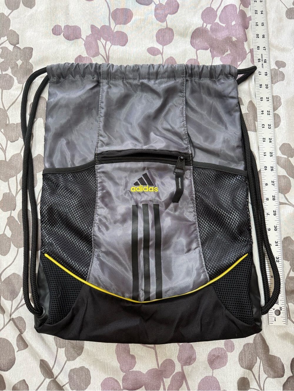 adidas grey  and Black Drawstring Gym Sack with Yellow Accents